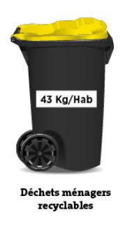 la collecte de déchets recyclables dans les poubelle jaune représentait 43 kg par habitant sur le territoire de valor3e en 2023