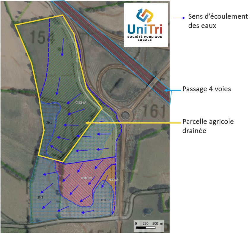 impacts et écoulement des eaux sur la parcelle du chantier unitri