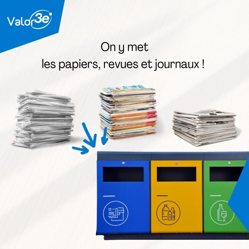 On y met les papiers, revues, journaux. 
On voit 3 piles : une de papiers, une de revues et l'autre de journaux, devant le bac de collecte bleu. 