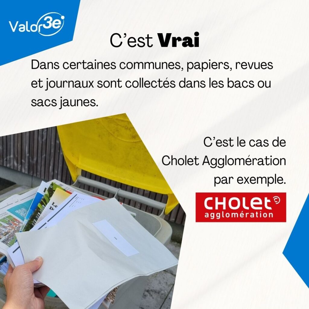 C'est vrai ! Dans certaines communes papiers, revues et journaux se jettent dans les bacs ou sacs jaunes. C'est le cas par exemple de Cholet Agglomération. 