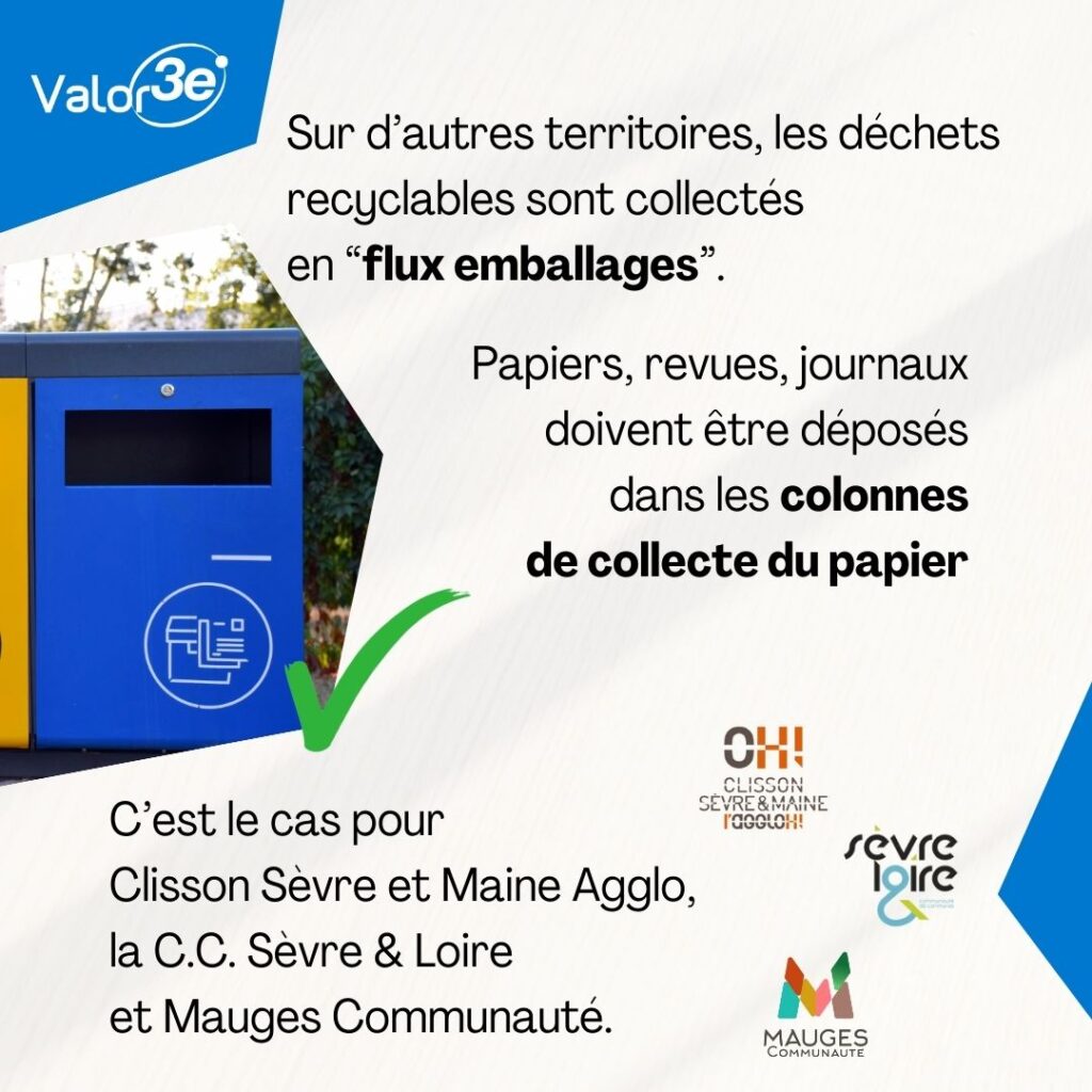 Sur d'autres territoire, les déchets recyclables sont collectés en "flux emballages". Papiers, revues et journaux se jettent dans les colonnes de collecte du papier. 
C'est le cas de Clisson Sèvre Maine Agglo, la CC Sèvre et Loire et Mauges Communauté. 