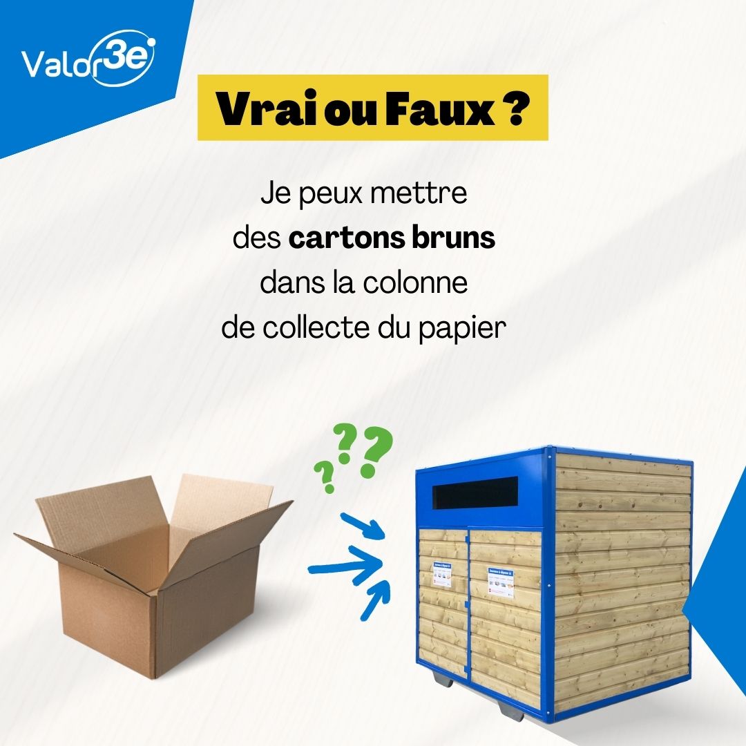 Vrai ou faux ? Je peux mettre du carton brun dans la colonne de collecte du papier ? On voit un carton à côté d'un conteneur bleu de collecte des déchets papiers