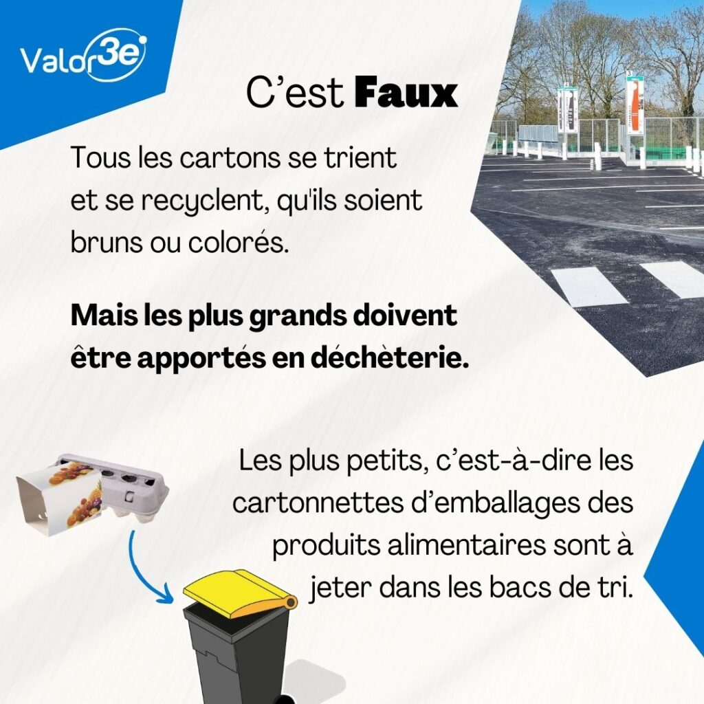 C'est faux. 
Tous les cartons se trient et se recyclent, qu'ils soient bruns ou colorés. Mais les plus grands doivent être apportés en déchèterie. 
Les plus petits, comme les cartonnettes d'emballages alimentaires, sont à jeter dans la poubelle jaune de tri. 