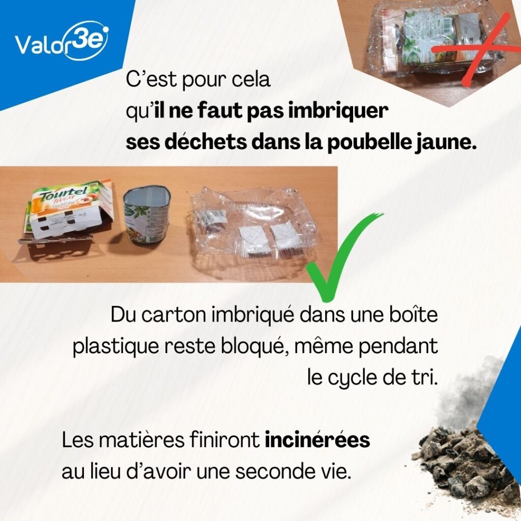 C’est pour cela qu’il ne faut pas imbriquer ses déchets dans la poubelle jaune. Du carton imbriqué dans une boîte plastique reste bloqué, même pendant le cycle de tri. Les matières finiront incinérées au lieu d’avoir une seconde vie.